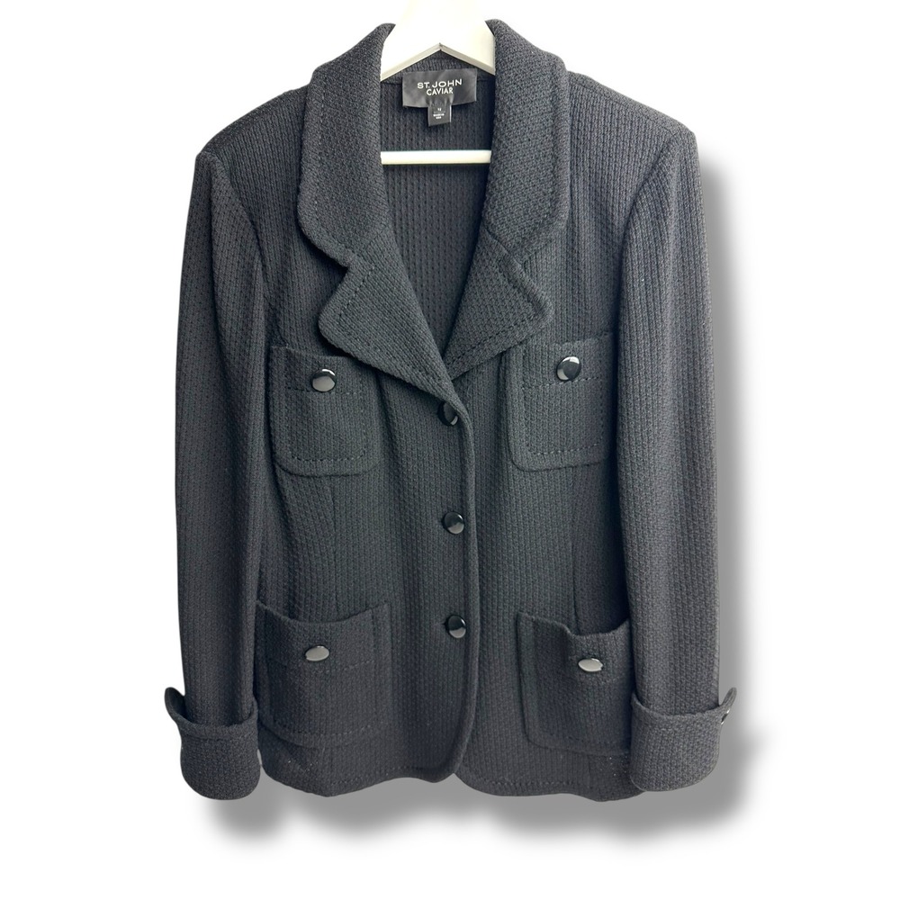 St John Caviar Black Knit Blazer Jacket Womens Size 12 Button Front